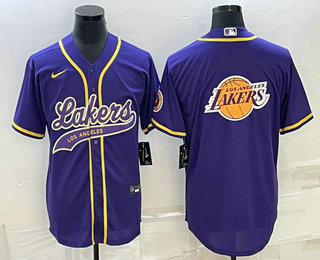Men's Los Angeles Lakers Purple Team Big Logo Cool Base Stitched Baseball Jersey